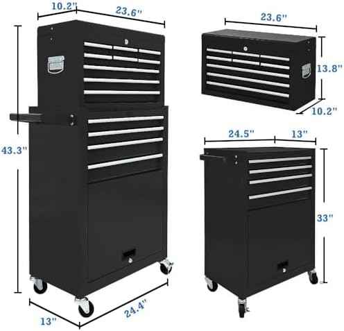 13-Drawer Rolling Tool Chest,Large Toolbox with Wheels, Tool Cabinets with Drawers, Top Detachable Tool Box with Hooks Handles for Workshop Mechanical Garage - Black