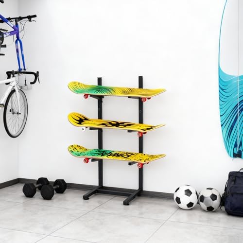 Steel Skateboard Rack Floor Stand, 3-Layer Skateboard Holder,Snowboard Storage Rack, Skateboard Holder Floor for Deck,Longboard,Snowboard, Standard Skateboards, Mini Cruiser Skateboard
