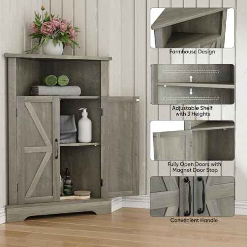 Bathroom Corner Cabinet, Farmhouse Floor Corner Cabinet with Doors and Adjustable Shelves, Freestanding Wooden Storage Hutch Cupboard for Bathroom, Kitchen, Living Room,Grey