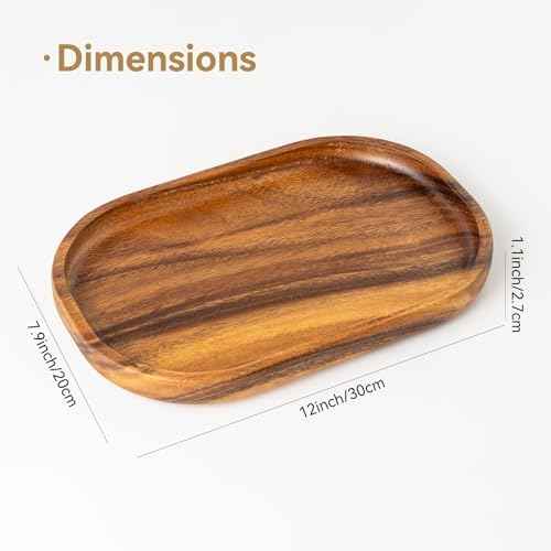 Acacia Oval Wooden Valet Tray for Men Women, Acacia Wood Serving Tray Key Dump Bedside Nightstand Dresser Organizer EDC Catch All Decorative Wooden Tray for Phone Wallet Keys Jewelry (12 x 7.9 Inch)