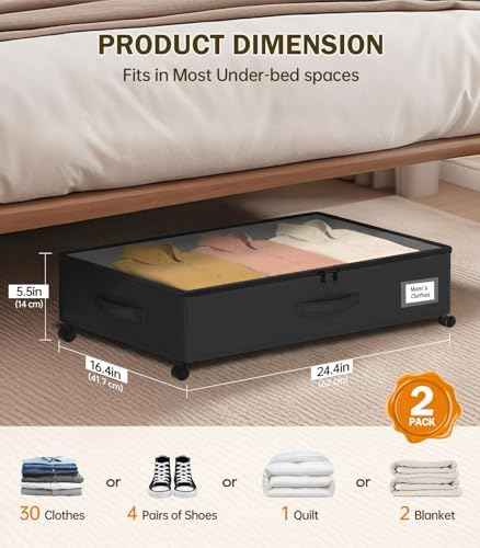 Under Bed Storage with Wheels 2-Pack, Under Bed Storage Containers, Underbed Box with Clear Lids, Rolling Underbed Storage bins for Shoes, Clothes, Blankets (25" L x 16.2" W x 5.5" H)