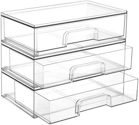 Vtopmart 12.1''W Clear Stackable Storage Drawers,3 Pack Acrylic Plastic Organizers Bins for Makeup Palettes, Cosmetics, and Beauty Supplies,Ideal for Vanity, Bathroom,Cabinet,Desk Organization