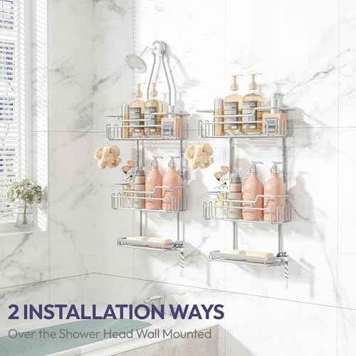 SWTYMIKI Bathroom Shower Caddy Hanging - 3 Tier Rustproof Over Shower Head Organizer, No Drilling Bathroom Shelf with 16 Hooks & Soap Holder, Anti-Swing Rack for Shampoo,Sponge,Towel, Silver, Medium