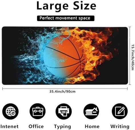 Gaming Mouse Mat Basketball Ball in Fire and Water Large Mouse Pad