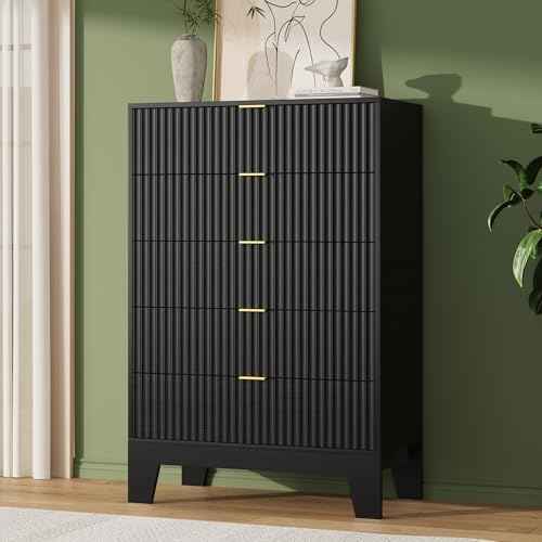 5 Drawer Dresser for Bedroom, 47" Tall Fluted Chest of Drawers, Black