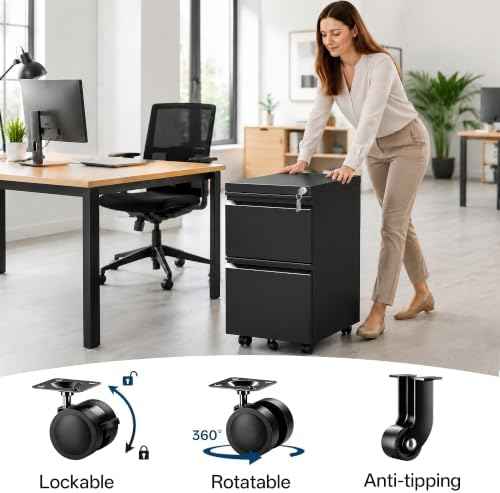 Fully Assembled 2 Drawer Mobile File Cabinet with Lock