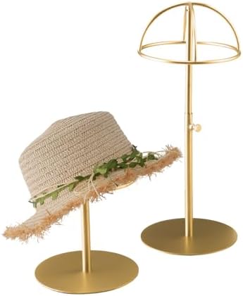 Hat Display Stand 2PCS Stainless Steel Brushed Nickel Titanium Hat Stand Metal Golden Adjustable Height Cap Rack Showcase Fingerprint Resistant for Home Boutique Retail Store