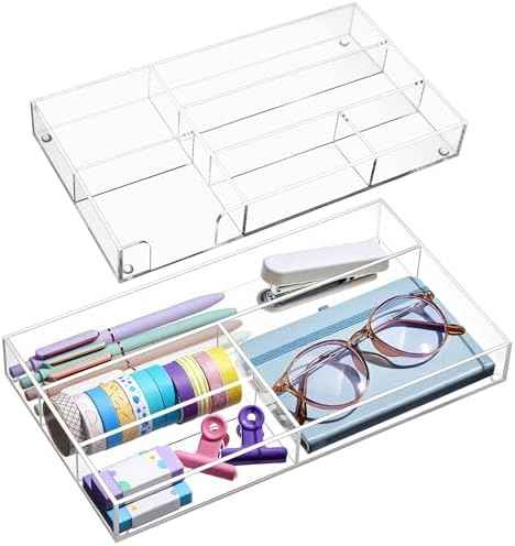 Briwooody 2 Pcs Clear Acrylic Desk Drawer Organizer 11 x 6 x 1.38 Inch Drawer Organizer Trays with 4 Compartments Desk Accessories for Office Makeup Silverware Bathroom