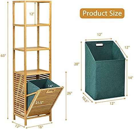 4 Tier Bamboo Shelves with Tilt Out Laundry Hamper, Freestanding Storage Shelf with Laundry Basket, Tower Hamper Organizer for Laundry Room, Bathroom, Bedroom, Natural
