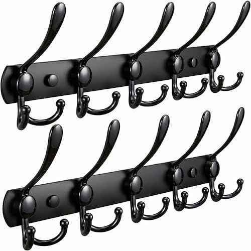 Coat Rack Wall Mount with 5 Tri Hooks – 16 Inch Stainless Steel Coat Hook Rack, Heavy Duty Wall Mounted Organizer for Coats, Hats, Towels, Robes, Bags, Scarves, Entryway, Bathroom - Black 2 Pack
