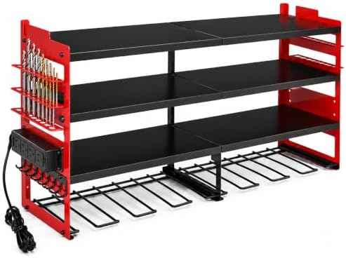 Power Tool Organizer Wall Mount, 600lbs Garage Storage Rack with Charging Station, 4 Layers Heavy Duty Battery Utility Rack With 4 Outlet Power Strip, 8 Cordless Drill Holder