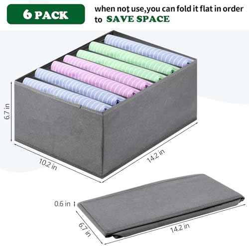 6 PACK Jeans Organizers for Closet, Foldable Wardrobe Clothes Organizer, Stackable Closet Clothes Drawer Organizer Tshirts with 7 Grids for Leggings, Sweater, Jean, Pants, Grey
