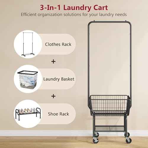 Tajsoon Rolling Laundry Cart with Hanging Rack & Laundry Basket, Black