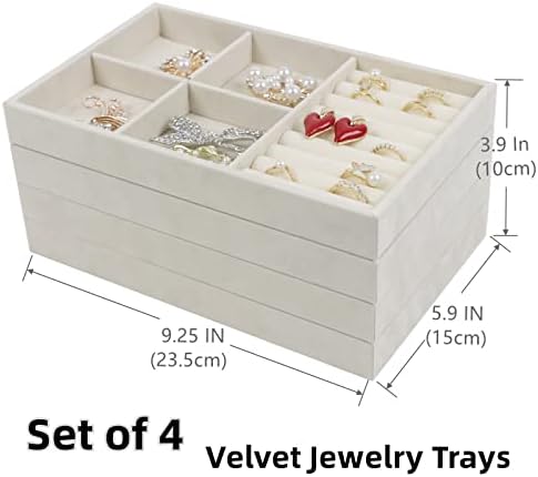 Set of 4 Stackable Jewelry Trays Organizer, Velvet Earring Organizer, Jewelry Organizer Showcase Display Drawer Organizer Storage, Earring Holder Necklace Bracelet Ring Accessary Organizers (Beige)