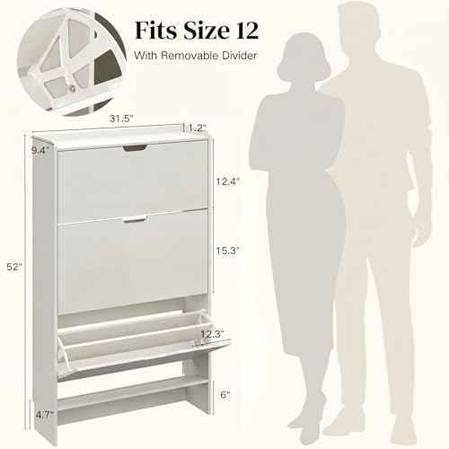 White Slim Shoe Cabinet with 3 Flip Drawers, 52" Tall Narrow Shoe Storage Cabinet for Entryway, Hidden Shoe Organizer Cabinet