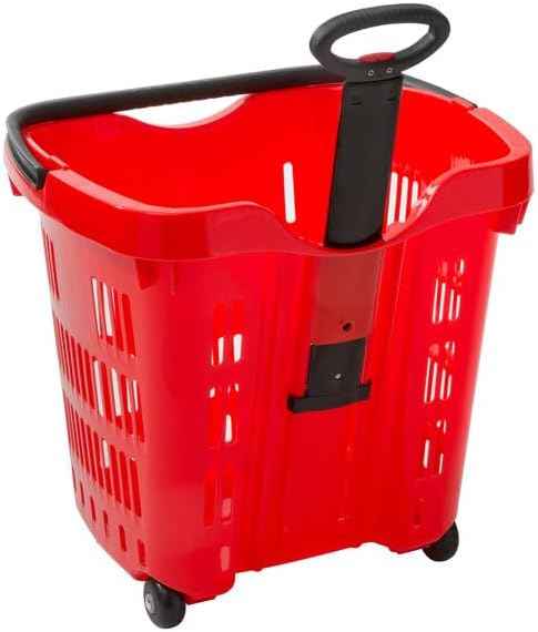Red Plastic Shopping Basket with Wheels, 21.25x16.5 Inch, 45 lb Capacity, Telescopic Handle, Stackable Design