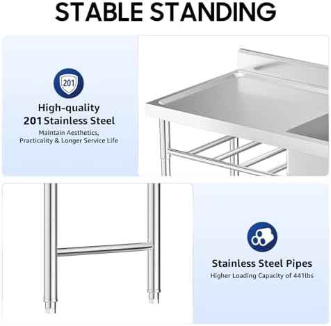 Free Standing Stainless Steel Kitchen Sink Single Bowl with Workbench & Storage Shelves, Commercial Utility Prep Sink for Restaurant Indoor Outdoor Use