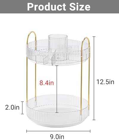 Asayuee 360 Rotating Makeup Organizer,2 Tier Large Capacity Make Up Organizers and Storage,Skincare Perfume Vanity Organizers,Bathroom Cosmetics Storage Organizer Countertop(Clear)