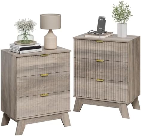 Wodeer Grey Night Stand with 3 Drawers, Bedside Table & End Table, 24"