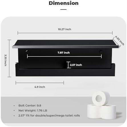 Double Toilet Paper Holder with Shelf, FreshGlow Tissue Holder Matte Black, Wall Mount Commercial Toilet Paper Dispenser Phone Shelf Stainless Steel, Tissue Roll for Bathroom