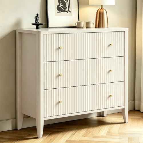 Large Nightstand,34”Wide Fluted Painted Bedside Table with 3 Drawer Dresser,Large End Tables with Storage, Metal Handle & Rounded Corners for Bedroom,Alabaster White