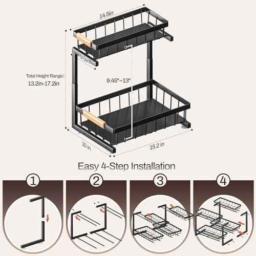 ADBIU Under Sink Organizer, 2 Pack 2 Tier Expandable Height (13.2" - 17.2") Pull out Kitchen Bathroom Cabinet Organizers and Storage Shelf