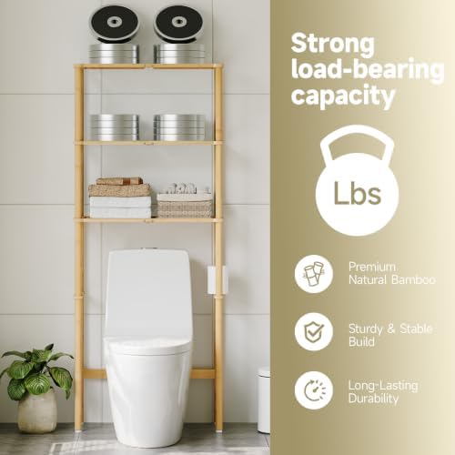 Over The Toilet Storage,3-Tier Bamboo Bathroom Shelf with Paper Holder