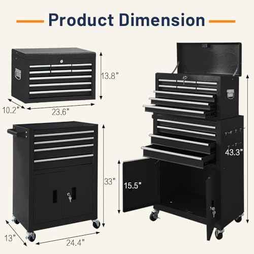 13-Drawer Double Door Rolling Tool Chest, 2 in 1 Detachable Tool Chest,Tool Box with Drawers and Wheels, Large Tool Cabinet with Lock, Metal Standing Toolbox for Garage Workshop-Black