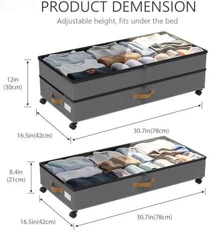 Under Bed Storage with Wheels 2-Pack, 75L XXL Under the Bed Storage Containers Large, 12" Tall Adjustable Storage for Underbed with Lids, Rolling for Clothes, Shoes, Blankets (Grey)