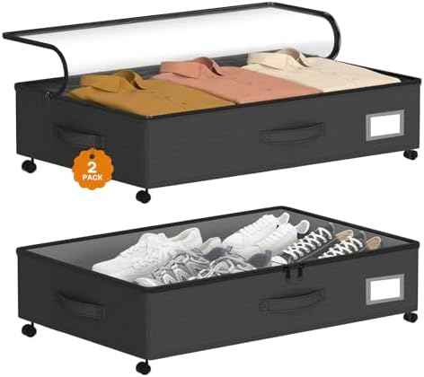 Under Bed Storage with Wheels 2-Pack, Under Bed Storage Containers, Underbed Box with Clear Lids, Rolling Underbed Storage bins for Shoes, Clothes, Blankets (25" L x 16.2" W x 5.5" H)