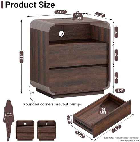 Standifurno Modern Nightstand Set of 2, 23.2" Wide Wood Bedside Table with Charging Station, 2 Storage Drawers Side Table Curved Profile, Handleless, Large End Table Night Stand for Bedroom, Walnut