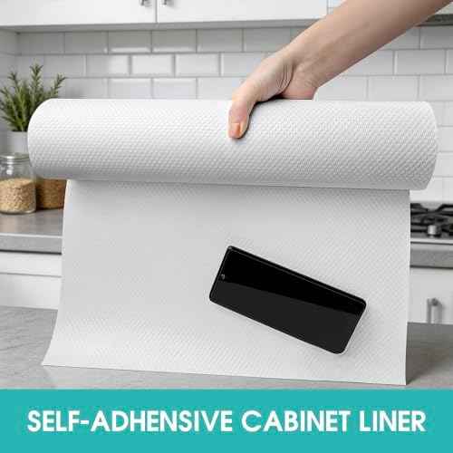 Cabinet Shelf Liner Peel and Stick: Self Adhesive Cabinets Paper - 15.7 in x 12 FT Non-Slip White Drawers Liners - Easy to Cut, Removable, PABUSIOR Cupboard Liner for Pantry Shelves, Countertops