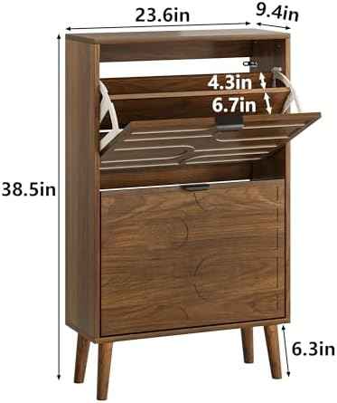 Shoe Cabinet Storage for Entryway with 2 Flip Drawers, Narrow Shoe Cabinet for Entryway, Hidden Slim Shoe Organizer Rack Cabinet (Brown, 23.6" W)