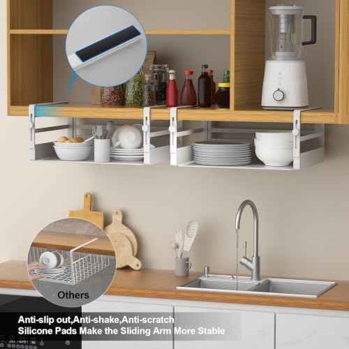 AmonHouseware 2 Pack Under Shelf Storage Basket Organizer,Adjustable Hanging Under Cabinet Add-on Storage Racks Slide-in Baskets Organizer for Laundry Room Kitchen Pantry Desk Bookshelf, White