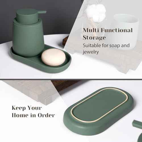INGOFIN 3 Pcs Ceramic Bathroom Accessory Set - Liquid Soap Dispenser, Toothbrush Holder & Tray, Bathroom Counter Set, Countertop Essentials for Home, Guest Bathroom, or Office Use, Matte Green