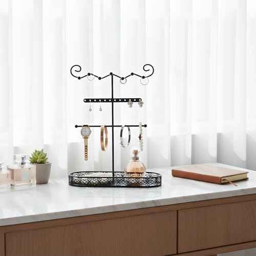 Black Jewelry Stand Holder Organizer, 12.6" Tall Jewelry Display Storage Rack, Sturdy Metal Jewelry Hanger Jewelry Tower for Necklace, Bracelet, Ring, Earring