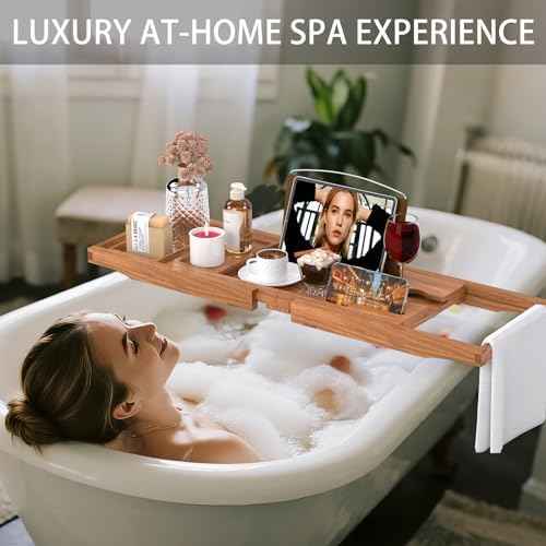 Teak Bathtub Tray Caddy, Expandable Wooden Bath Tray for Tub