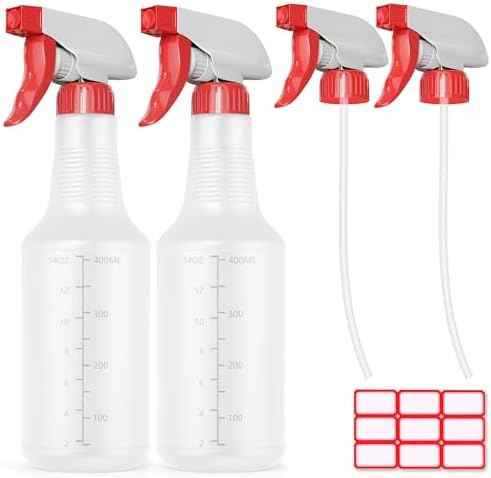 Veco Spray Bottle (2 Pack&2 extra Nozzle,16 Oz) with Measurements and Adjustable Nozzle, HDPE Plastic Spray Bottles for Cleaning Solution, Household/Commercial/Industrial Use, No Leak and Clog