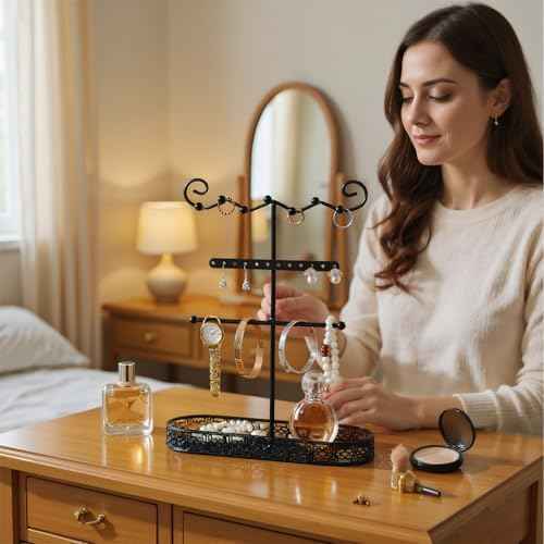 Black Jewelry Stand Holder Organizer, 12.6" Tall Jewelry Display Storage Rack, Sturdy Metal Jewelry Hanger Jewelry Tower for Necklace, Bracelet, Ring, Earring