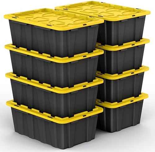 8 PACK of 12 Gallon Medium Black & Yellow Storage Bins | Plastic Tote Organizing Container with Secure Latching Lids, Stackable, Extra Strength with Built in Handle | 24.5" x 16.5" x 9"