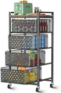 5 Tier Kitchen Storage Cart with Wheels, Utility Fruit Vegetable Storage Rack Stand with Pull-Out Baskets & Wood Top, Metal 4-Drawers Rolling Snack Cart, Kitchen Cart for Potato Onion(Black)
