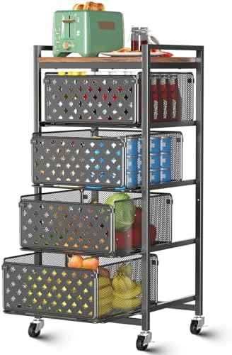 5 Tier Kitchen Storage Cart with Wheels, Utility Fruit Vegetable Storage Rack Stand with Pull-Out Baskets & Wood Top, Metal 4-Drawers Rolling Snack Cart, Kitchen Cart for Potato Onion(Black)