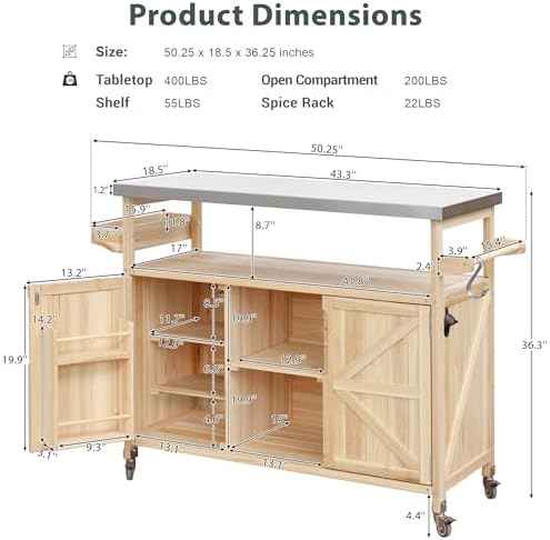 50.25" Kitchen Island Rolling Bar Cart & Storage Cabinet, Farmhouse Solid Wood Outdoor Grill Table with Stainless Steel Top and Spice, Towel Rack for BBQ,Natural