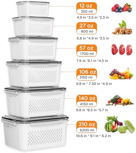 6 PCS Fruit Storage Containers for Fridge with Removable Colanders, 6 Plastic Food Storage Containers with 6 Lids, Leakproof Produce Containers Keep Fruits, Vegetables, Berry, Meat Fresh Longer