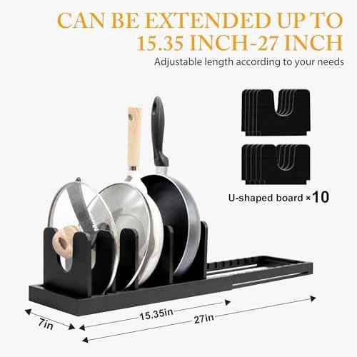 MinBoo Bamboo Expandable Pot Lid Organizer, Pot and Pan Organizer Drawer Organizer for Pot Lids, Adjustable 10 U-Shaped Dividers for Kitchen Cabinet Organizers and Storage,Black