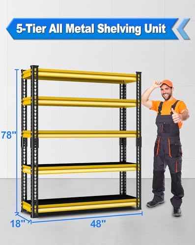 48" W Garage Storage Shelves Heavy Duty, 2800LBS Loads Adjustable Garage Shelving, 5-Tier Metal Shelving Units and Storage Racks, Industrial Utility Shelf,48''Wx18''Dx78''H, Yellow