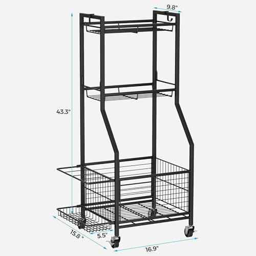 Sports Equipment Storage Rack with Wheels, 3-Tier Ball Organizer