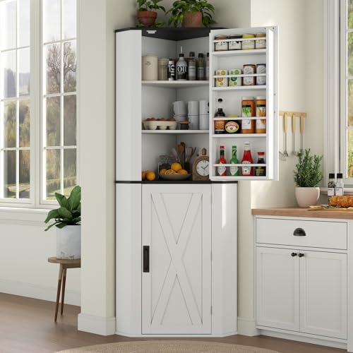 Gyfimoie Corner Kitchen Pantry, Freestanding Corner Storage Cabinet with 2 Doors & Shelves, Farmhouse Tall Food Pantry Storage Cabinet for Kitchen Dining Room (White)