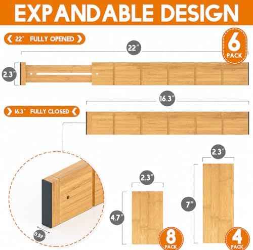 Expandable and Adjustable Bamboo Drawer Dividers with 12 Inserts, Kitchen Drawer Organizer