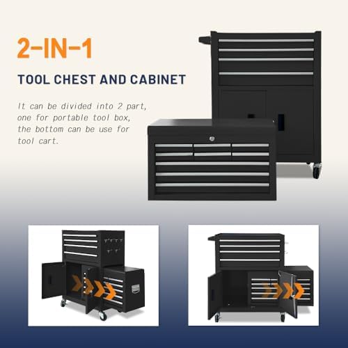 13-Drawer Double Door Rolling Tool Chest, 2 in 1 Detachable Tool Chest,Tool Box with Drawers and Wheels, Large Tool Cabinet with Lock, Metal Standing Toolbox for Garage Workshop-Black